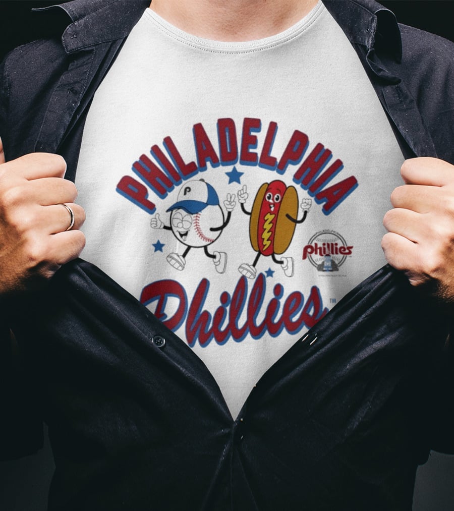 Philadelphia Phillies Baseball Hot Dog And Cartoon Characters T-Shirt
