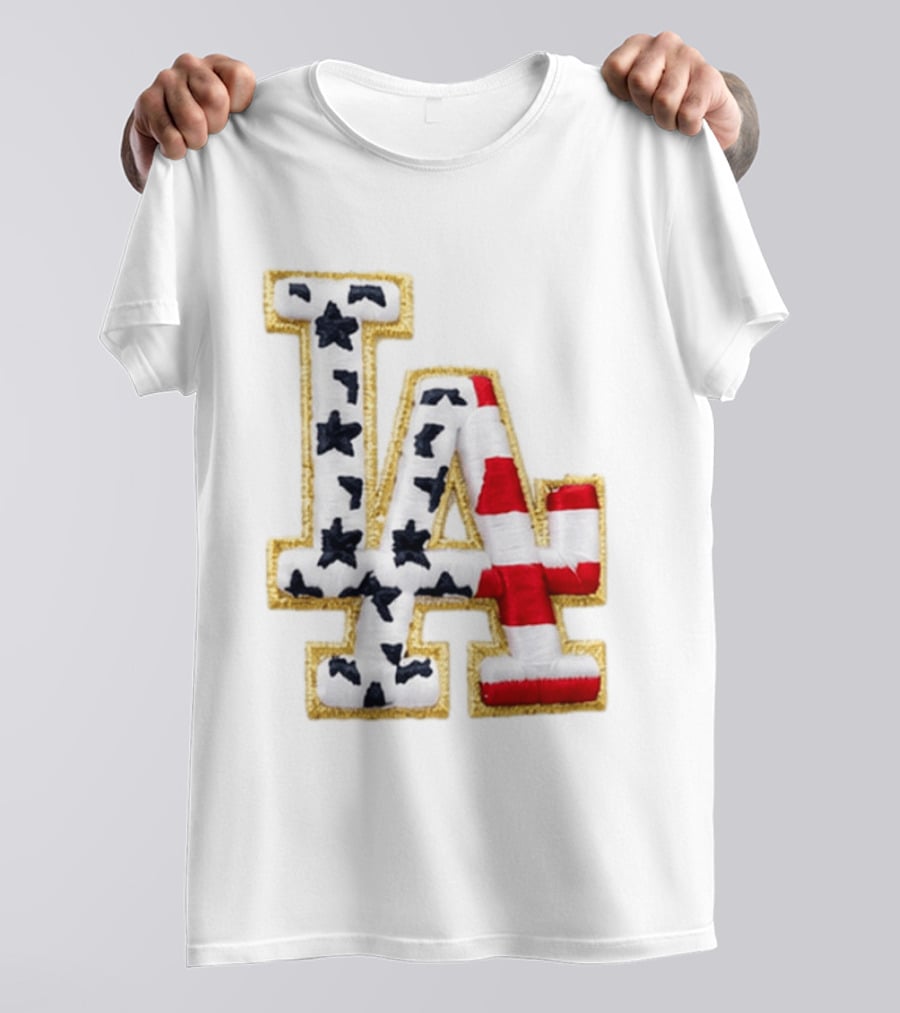 Dodgers LA 250th Anniversary Stars And Stripes Gold Trim Patch T-Shirt