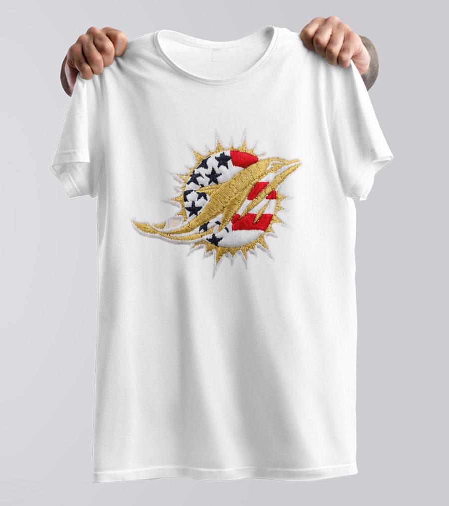 Sure, Here's The Revised Title: "Miami Dolphins USA Flag Patch America 250 Stars Stripes T-Shirt