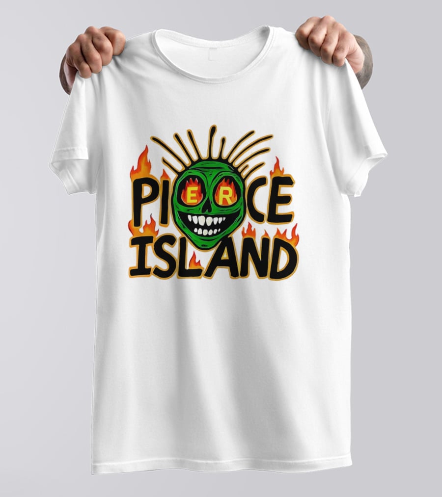 Pierce Island Green Skull Flames Spooky Island T-Shirt