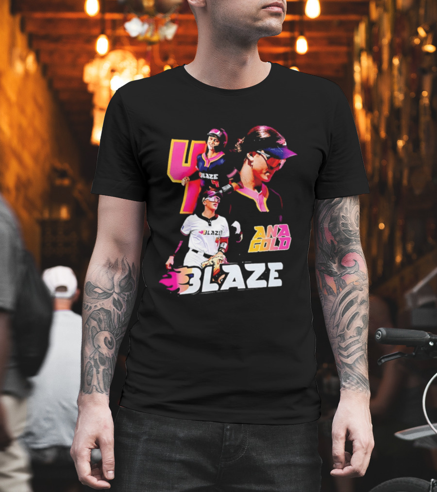Blaze Ana Gold Softball Player Number 4 Action Collage T-Shirt