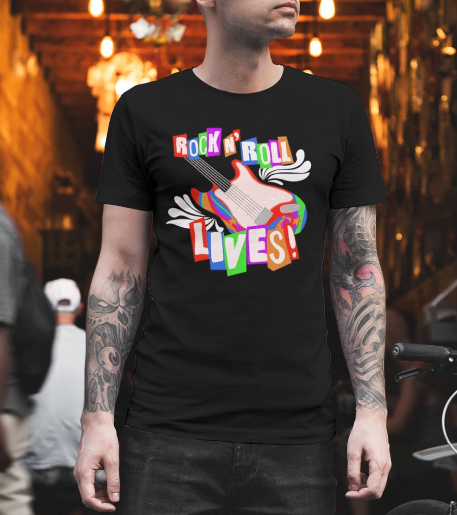 Rock N' Roll Lives Colorful Electric Guitar T-Shirt