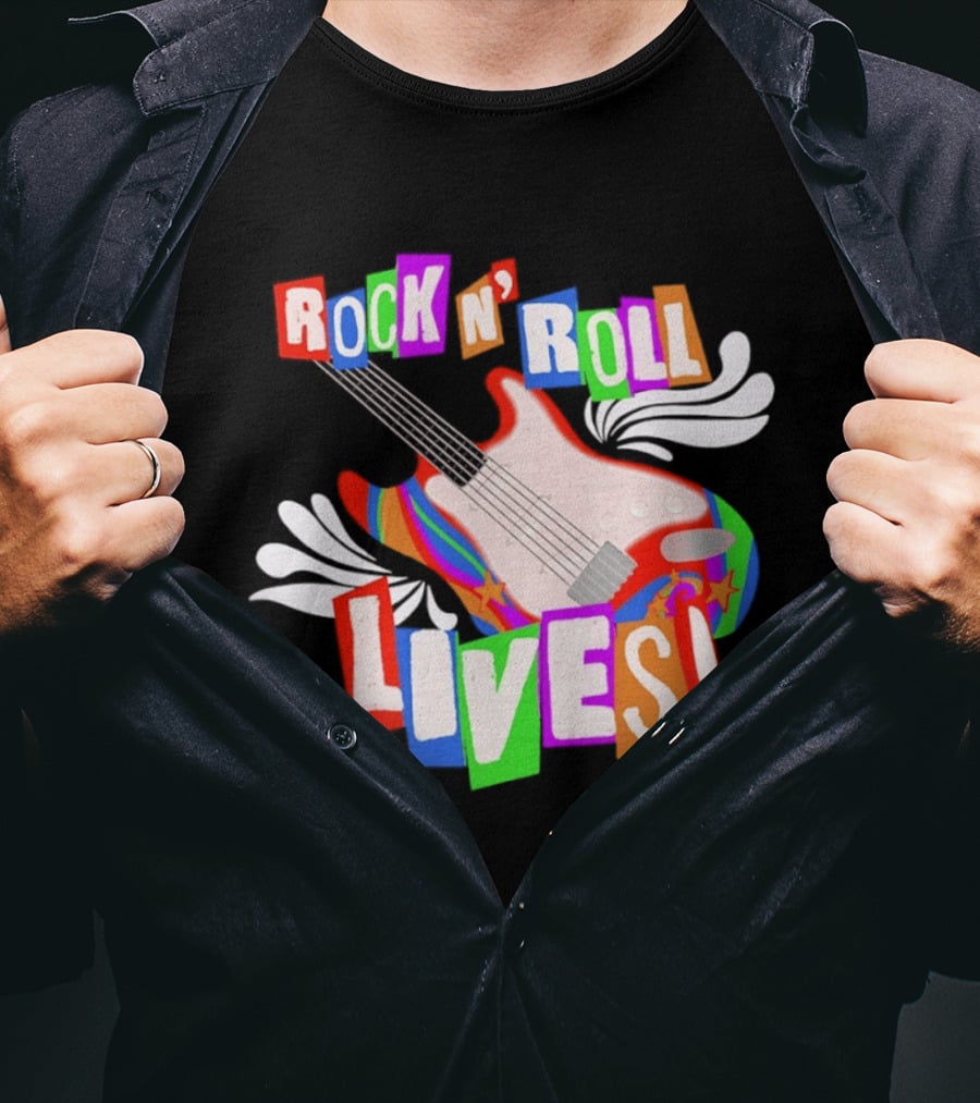Rock N' Roll Lives Colorful Electric Guitar T-Shirt