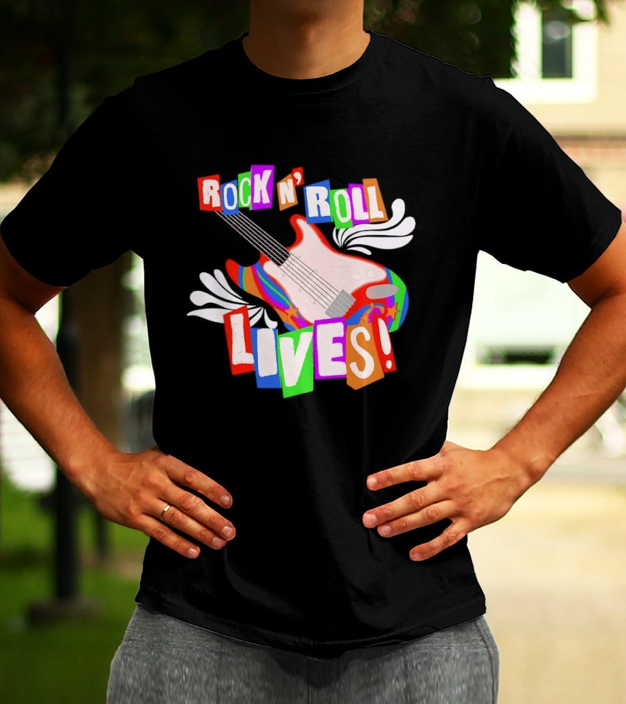 Rock N' Roll Lives Colorful Electric Guitar T-Shirt