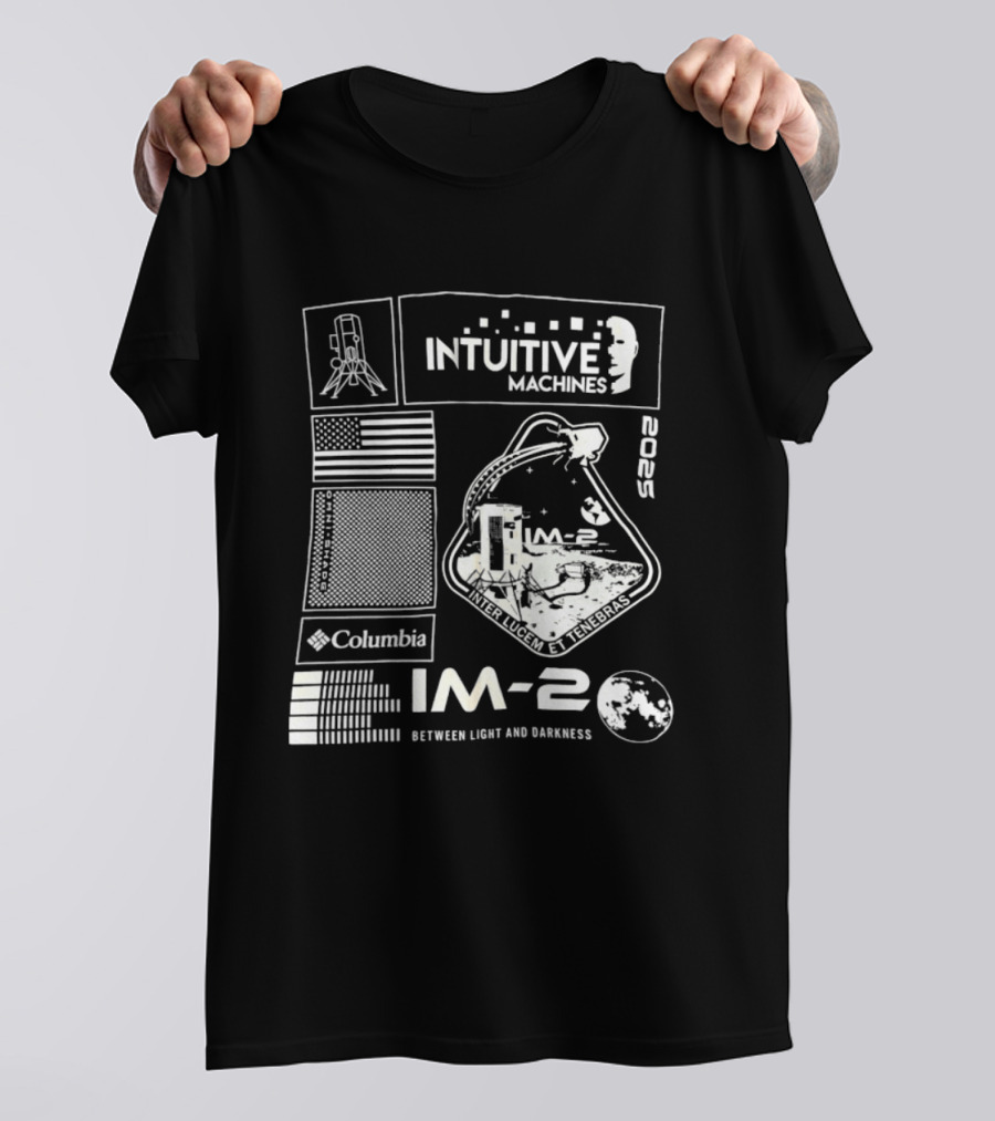 Intuitive Machines IM 2 Columbia 2025 Between Light And Darkness Moon Mission Lunar Module USA Flag T-Shirt