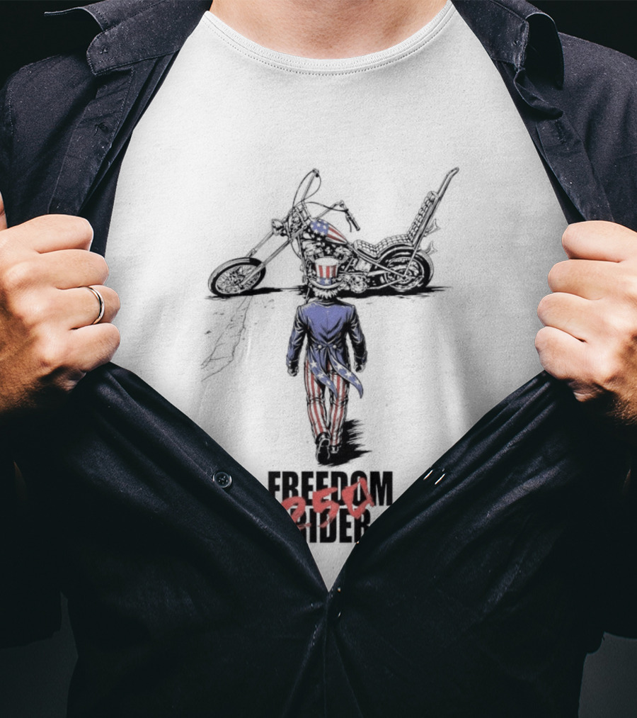 Uncle Sam Freedom Rider 250 Motorcycle Patriotic American Stars And Stripes T-Shirt