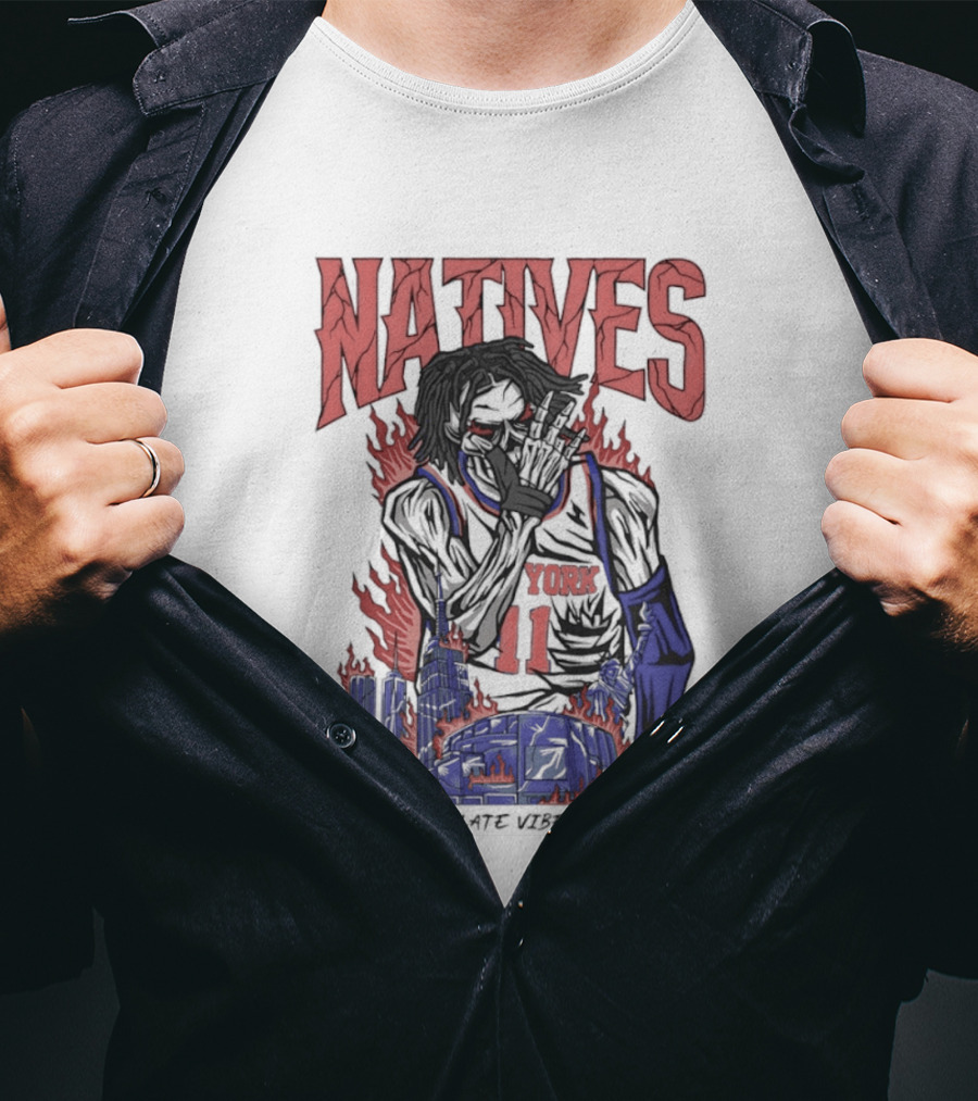 Natives Immaculate Vibes Only Jalen Brunson York 11 Skeleton Statue T-Shirt