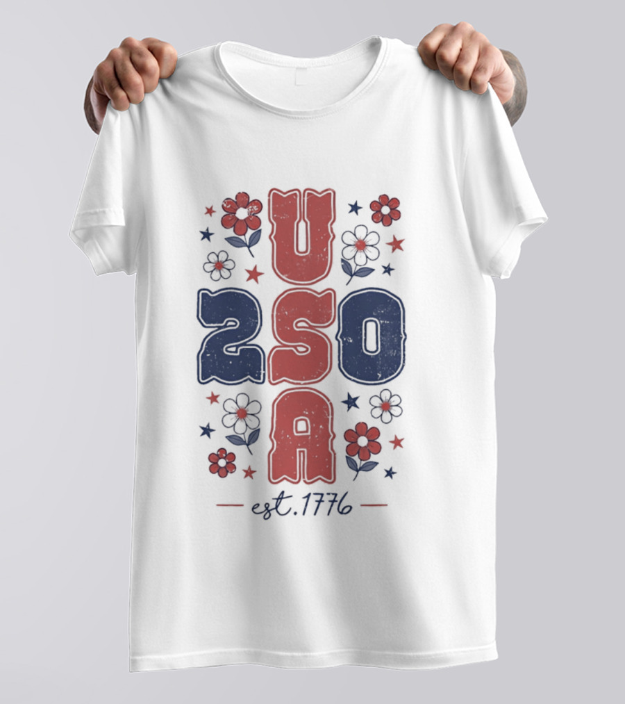USA 250 Est 1776 American Patriotic Floral Stars Independence Day T-Shirt