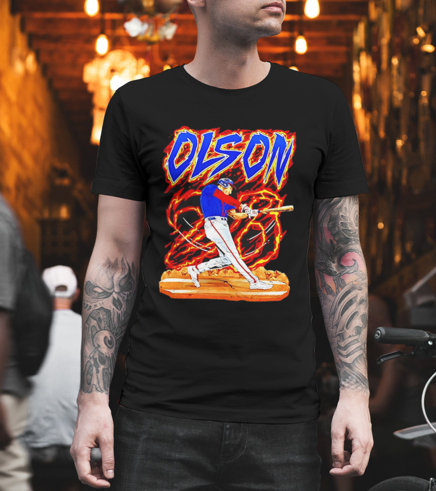 Atlanta Braves Matt Olson Hand Drawn Dynamic Swing Iconic Action T-Shirt