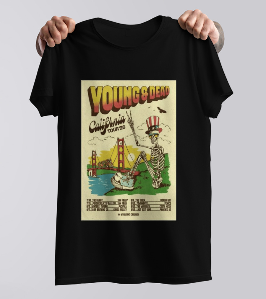 Young And Dead California Tour 2026 Vintage Skeleton Golden Gate Bridge T-Shirt
