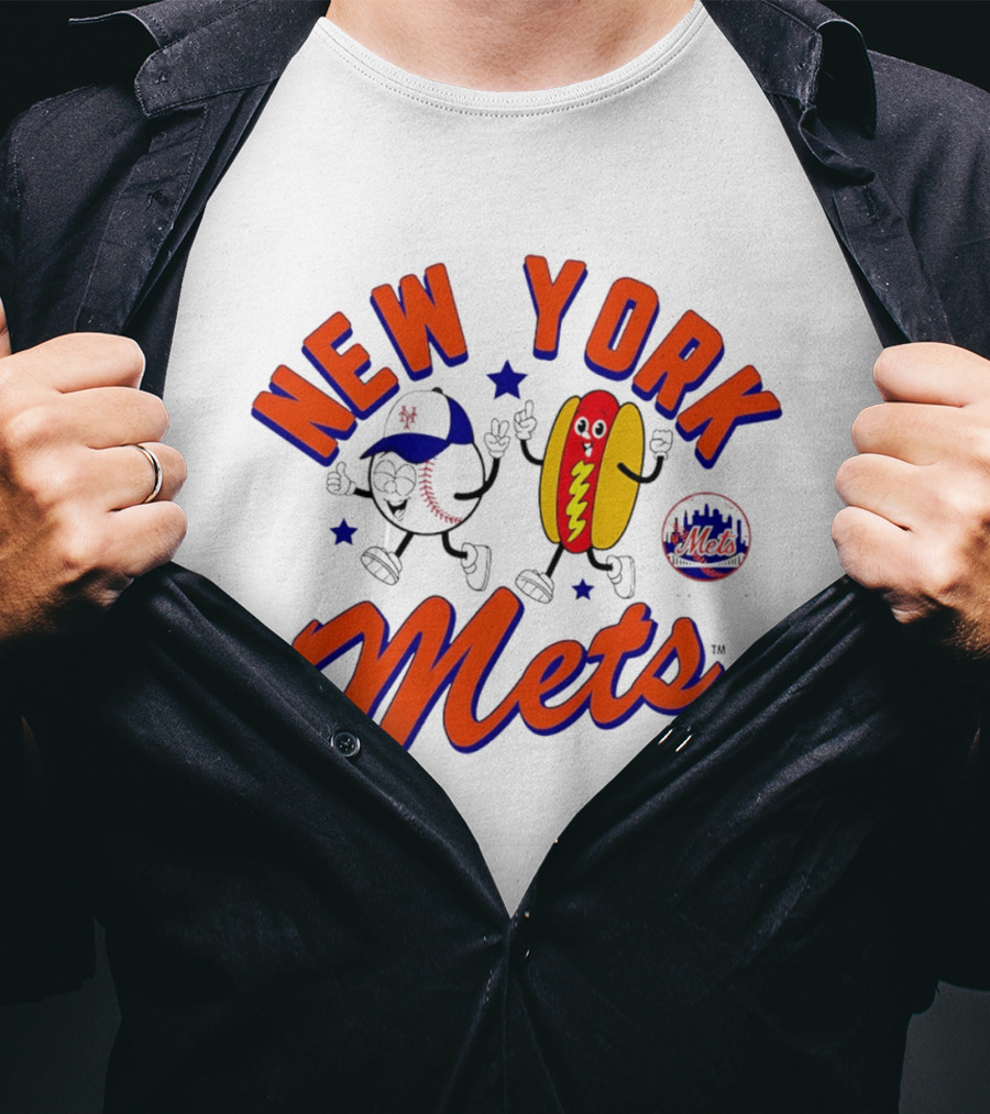 New York Mets Hot Dog Cartoon Baseball T-Shirt