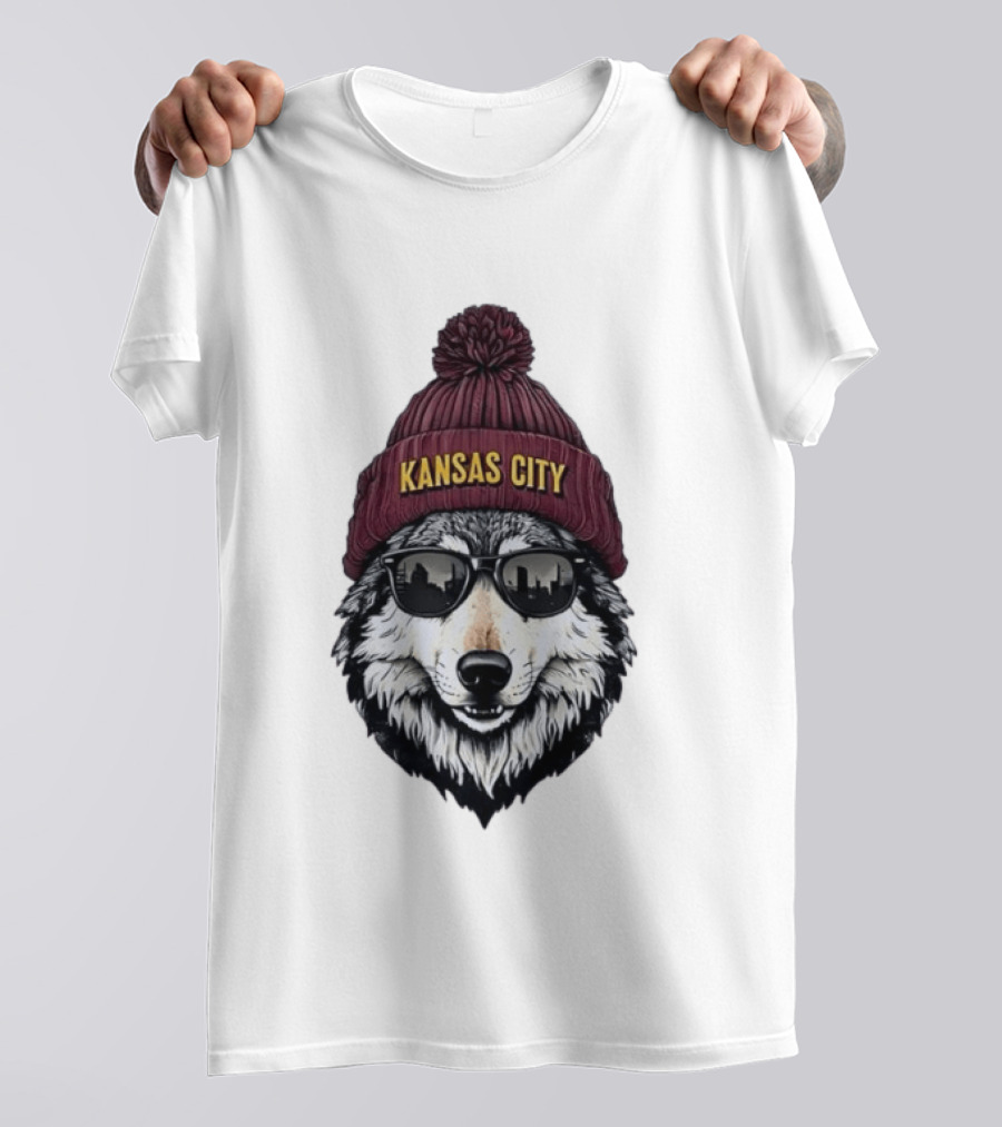 Kansas City Wolf Beanie Sunglasses Cityscape T-Shirt