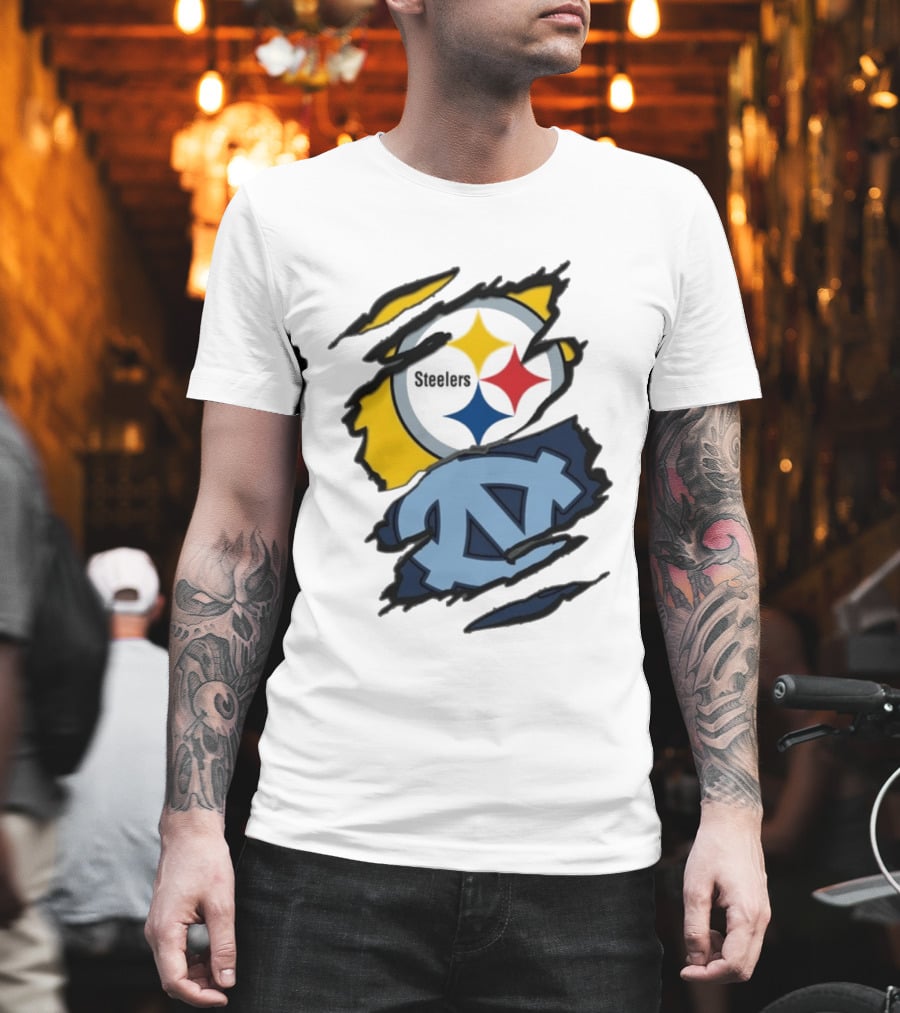 Pittsburgh Steelers UNC Tar Heels Ripped Metal Effect Logo Fusion T-Shirt
