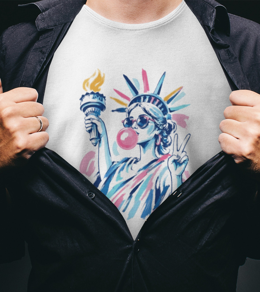Statue Of Liberty Bubblegum Peace Sign USA Landmark T-Shirt