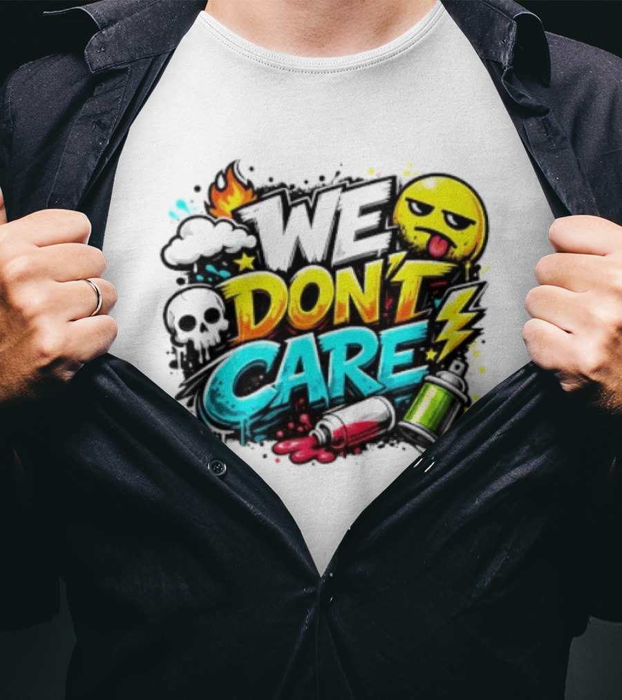 We Don't Care Graffiti Emojis Fire Cloud Lightning Skull T-Shirt