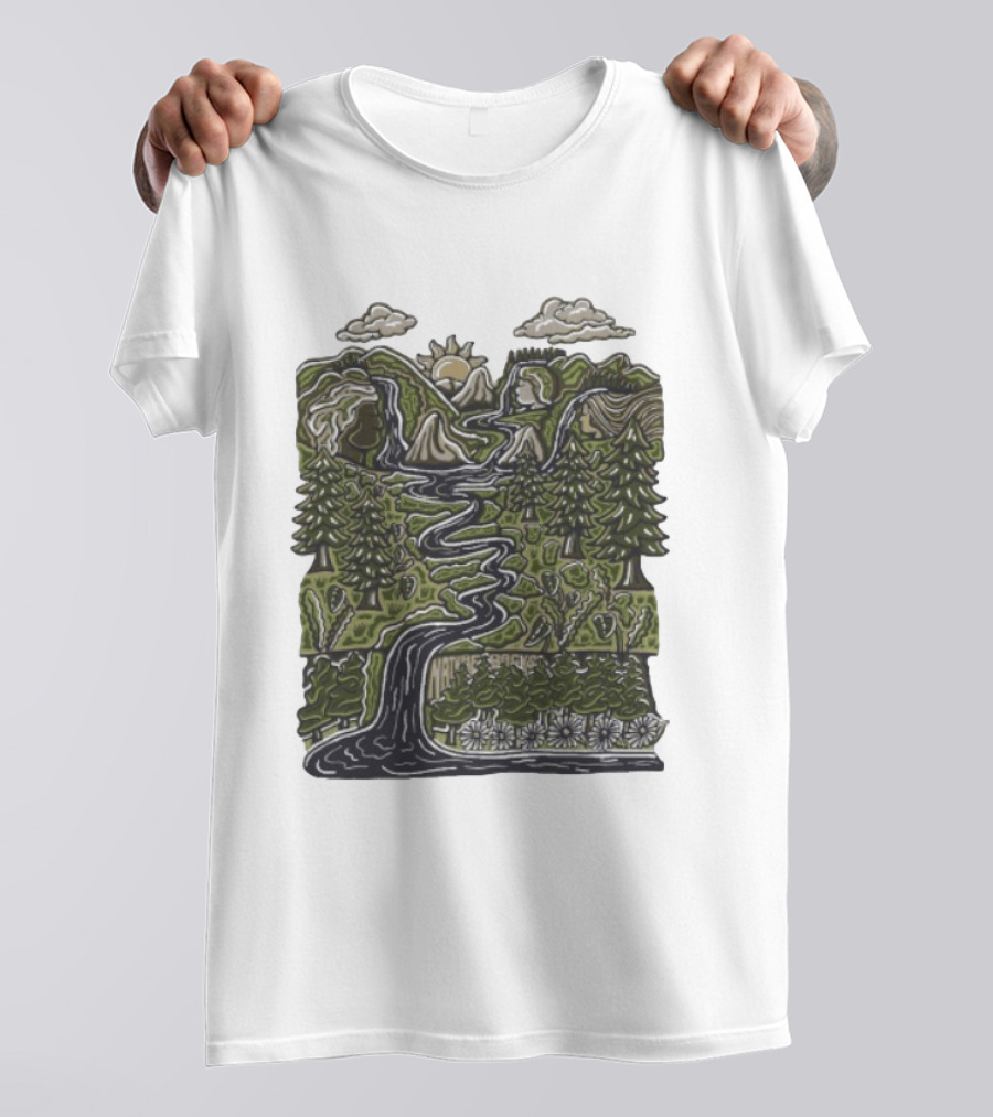 Nature Backs Forest Scene With River Trees Mountains Sun And Clouds T-Shirt