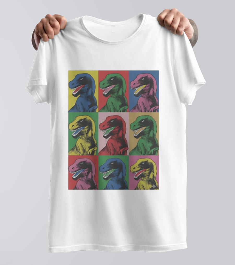 T Rex Pop Dinosaur Multi Colored Grid Prehistoric Reptile Andy Warhol T-Shirt