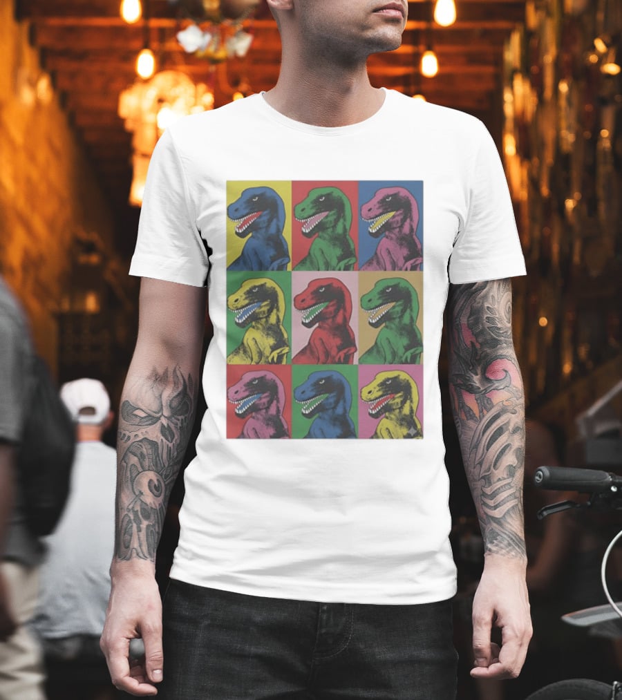 T Rex Pop Dinosaur Multi Colored Grid Prehistoric Reptile Andy Warhol T-Shirt