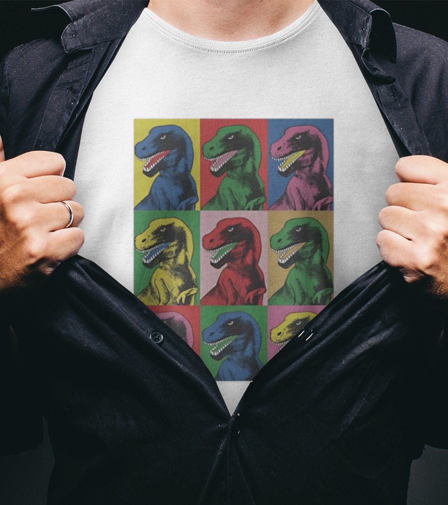 T Rex Pop Dinosaur Multi Colored Grid Prehistoric Reptile Andy Warhol T-Shirt