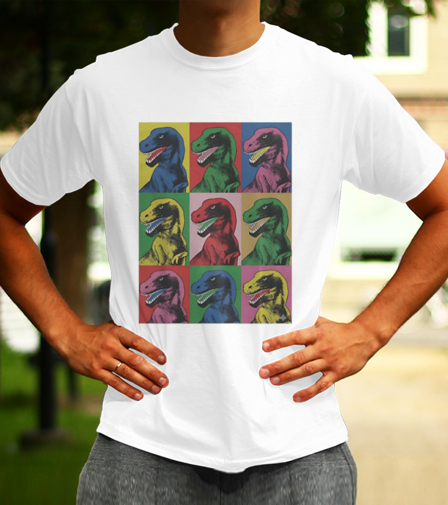 T Rex Pop Dinosaur Multi Colored Grid Prehistoric Reptile Andy Warhol T-Shirt