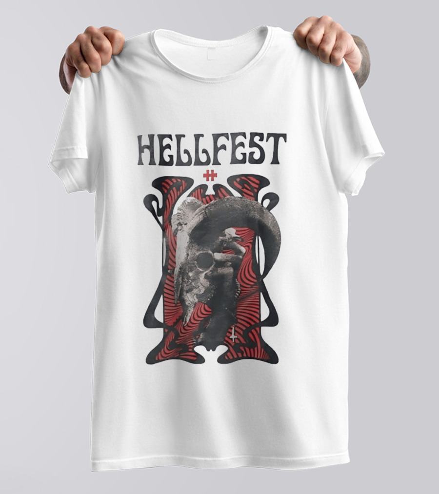 Hellfest Goat Skull Cross Inverted Crux Occult Heavy Metal Festival T-Shirt