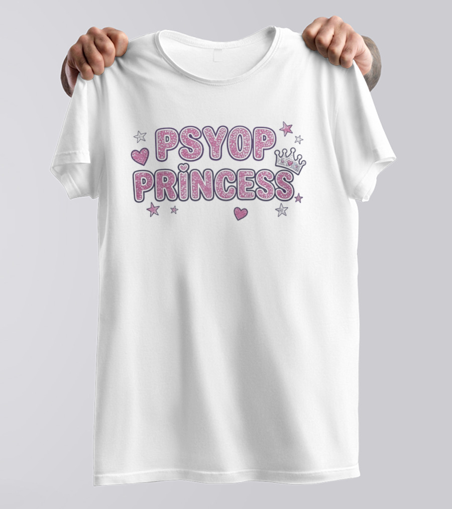 Psyop Princess Y2K Aesthetic Pink Glitter Star Heart Crown T-Shirt