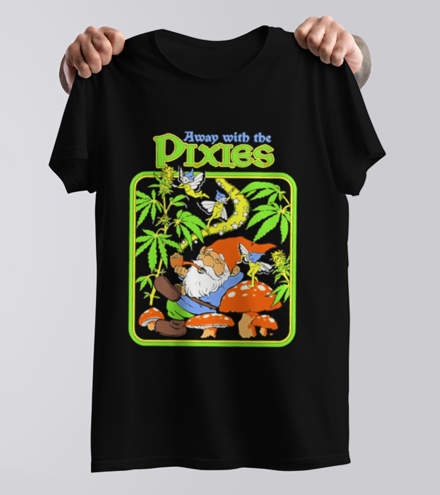 Away With The Pixies Gnome Smoking Cannabis Mushroom Fantasy Scene T-Shirt