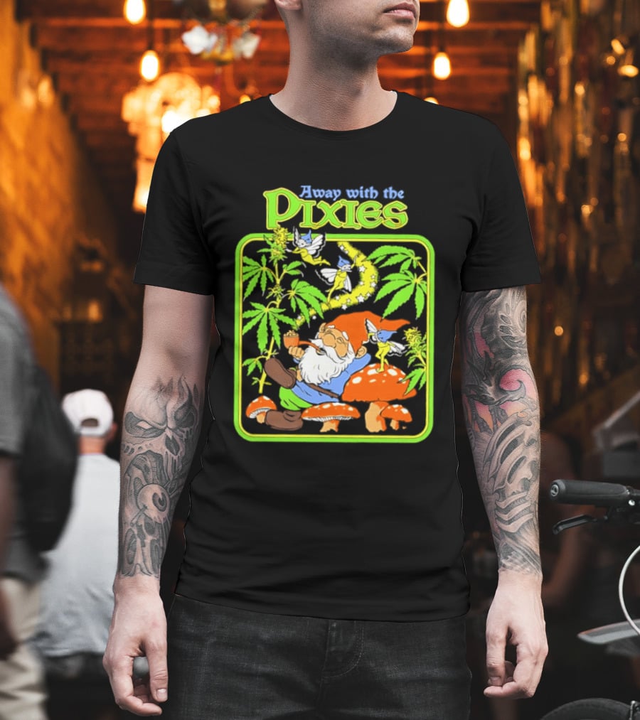 Away With The Pixies Gnome Smoking Cannabis Mushroom Fantasy Scene T-Shirt