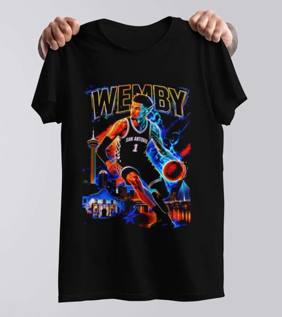 Wemby San Antonio Spurs Basketball Player Half Alien City Skyline T-Shirt