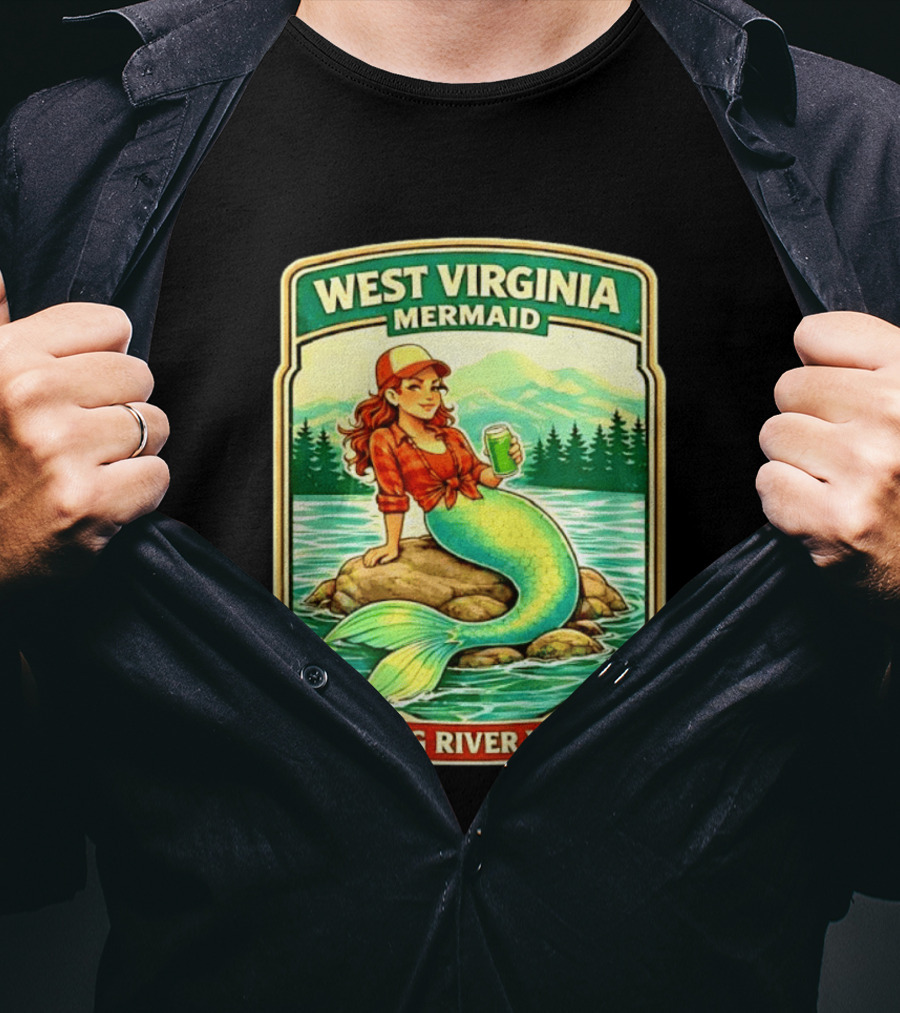 West Virginia Mermaid Giving River Vibes Green Tail Red Hat T-Shirt