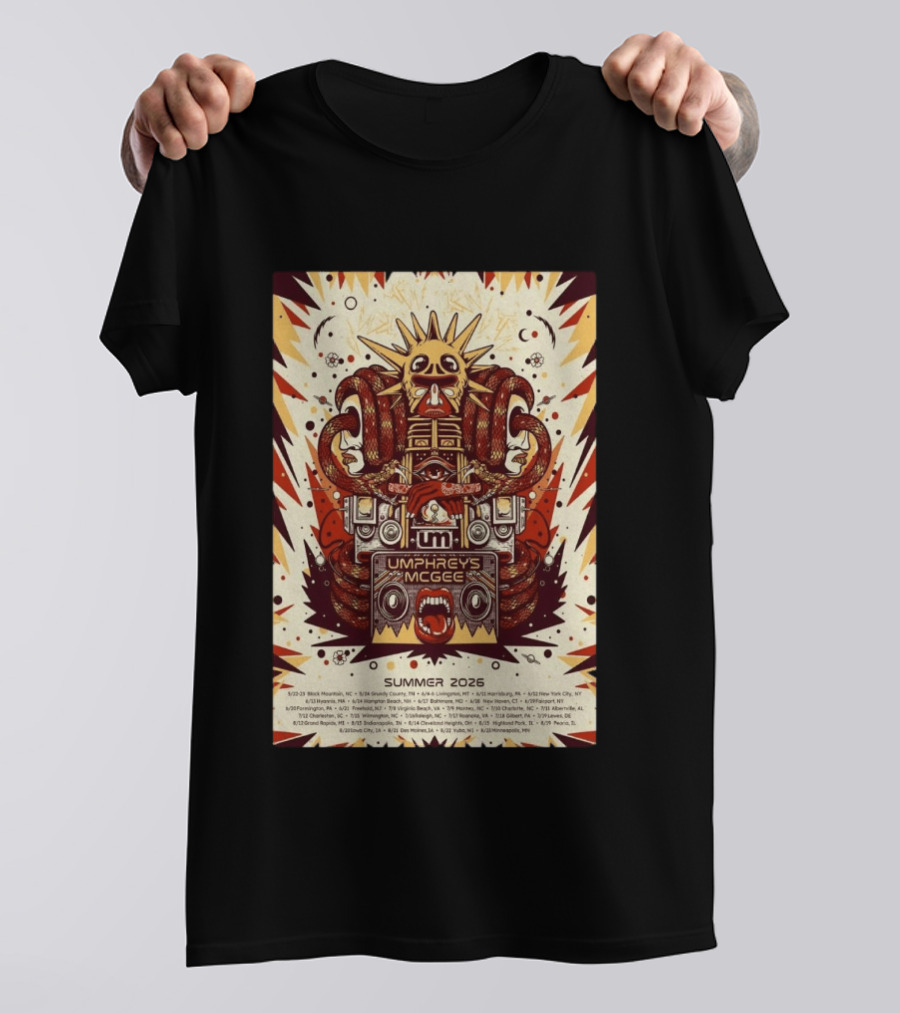 Umphrey's McGee Summer 2026 Tour Dates With Unique Symbolic Artwork And Sun Motif T-Shirt