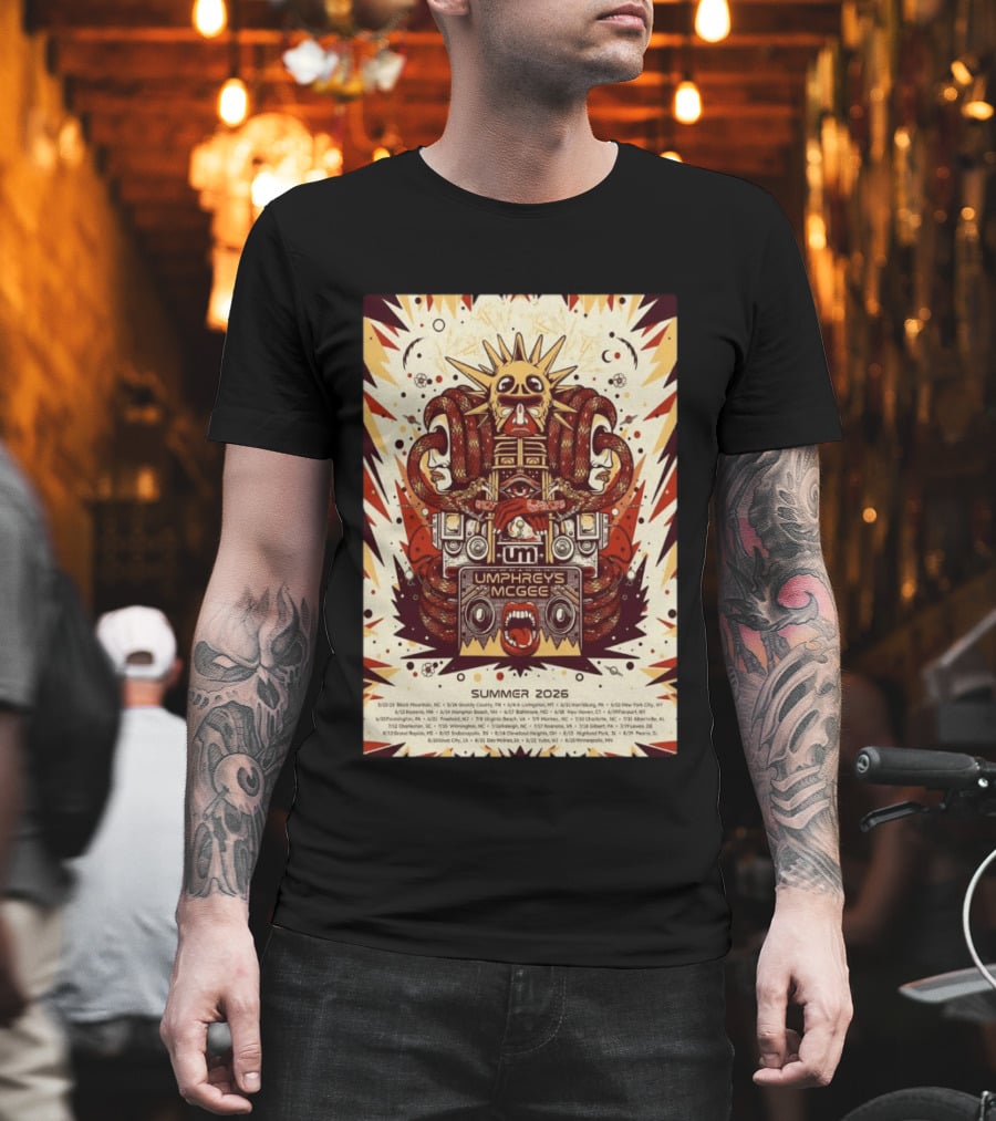 Umphrey's McGee Summer 2026 Tour Dates With Unique Symbolic Artwork And Sun Motif T-Shirt