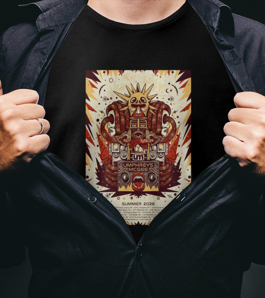 Umphrey's McGee Summer 2026 Tour Dates With Unique Symbolic Artwork And Sun Motif T-Shirt