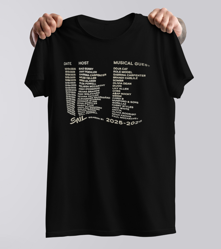 SNL Season 51 2025 2026 Fictional Hosts Musical Guests Lineup T-Shirt
