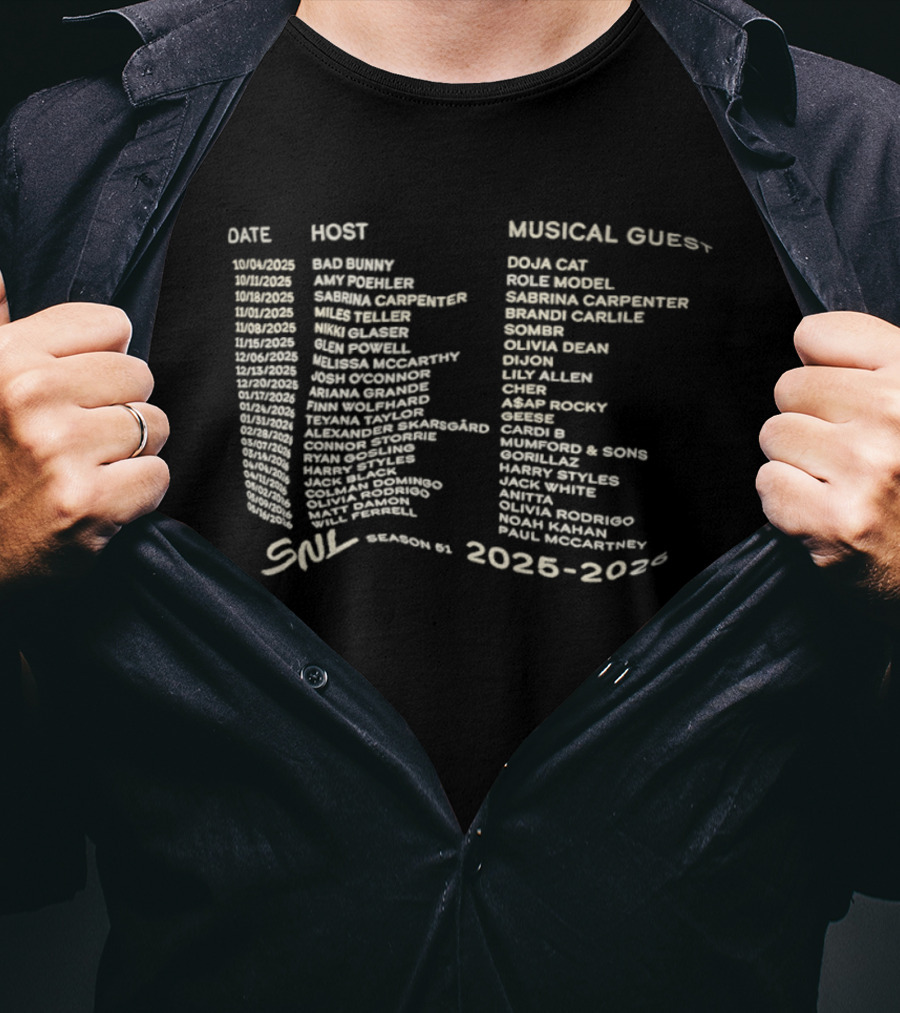 SNL Season 51 2025 2026 Fictional Hosts Musical Guests Lineup T-Shirt