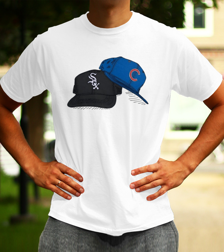 Chicago White Sox Black Hat And Chicago Cubs Blue Cap Baseball Fan Collection T-Shirt