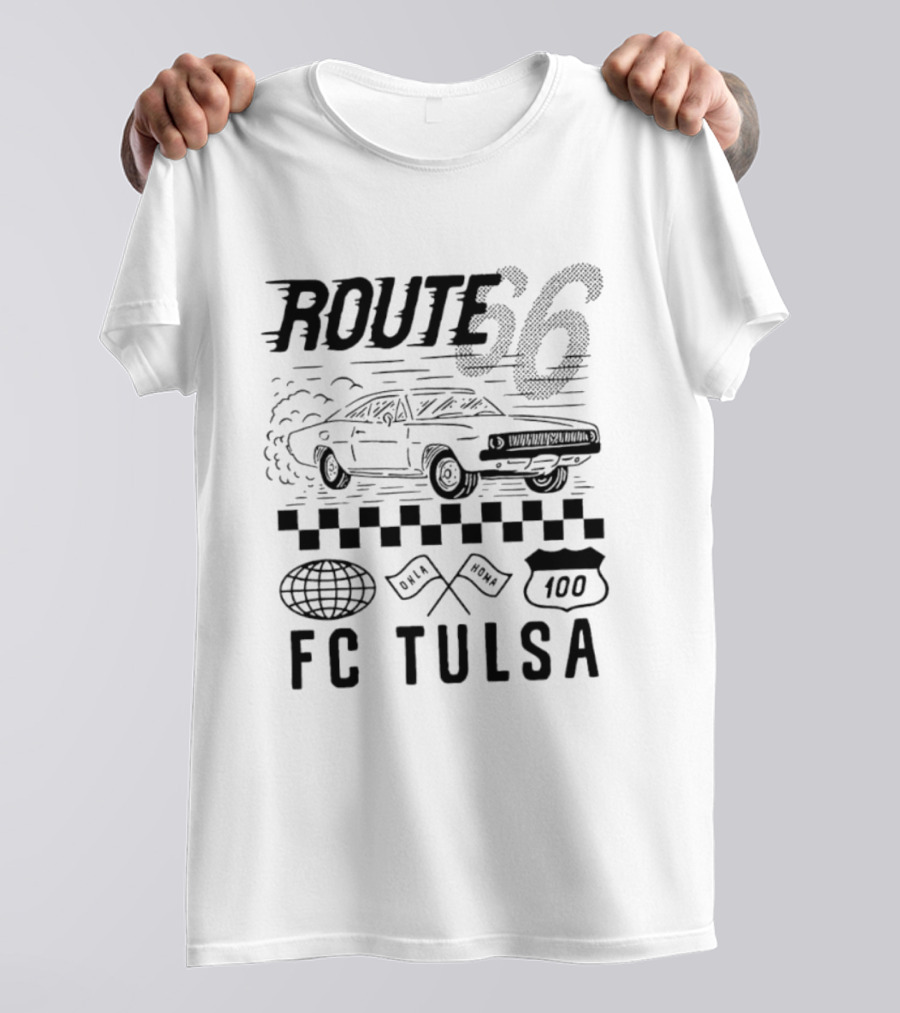 FC Tulsa Route 66 Oklahoma Soccer Car 100 Racing Flags T-Shirt