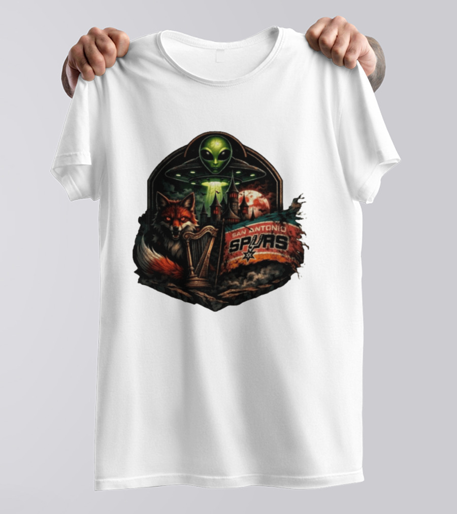 San Antonio Spurs UFO Alien Fox Harp Castle Moon Flag T-Shirt