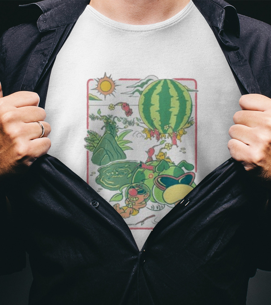 Pikmin Characters With Olimar Carrying Watermelon In Game Series T-Shirt