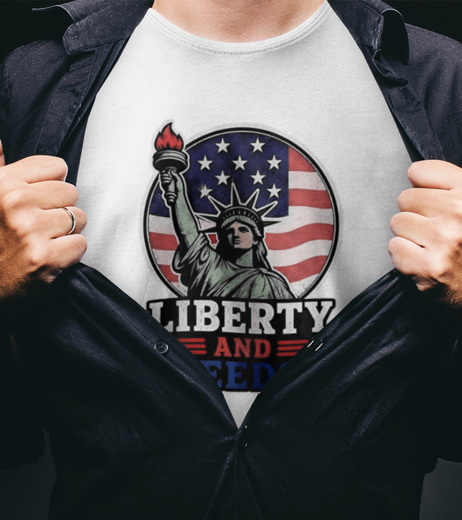 Liberty And Freedom Statue Of Liberty USA Flag Stars T-Shirt