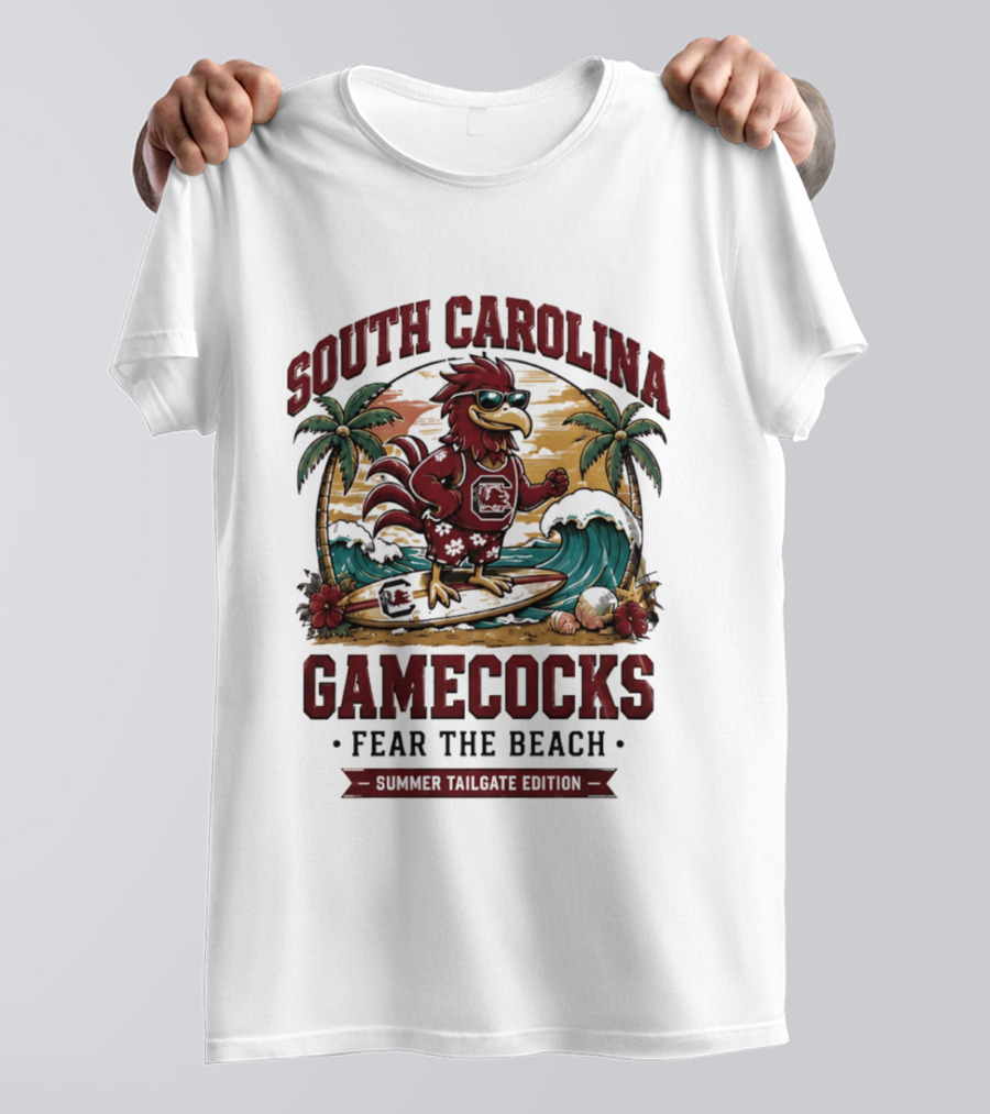 South Carolina Gamecocks Fear The Beach Summer Tailgate Edition Surfing Chicken Palm Trees Wave T-Shirt