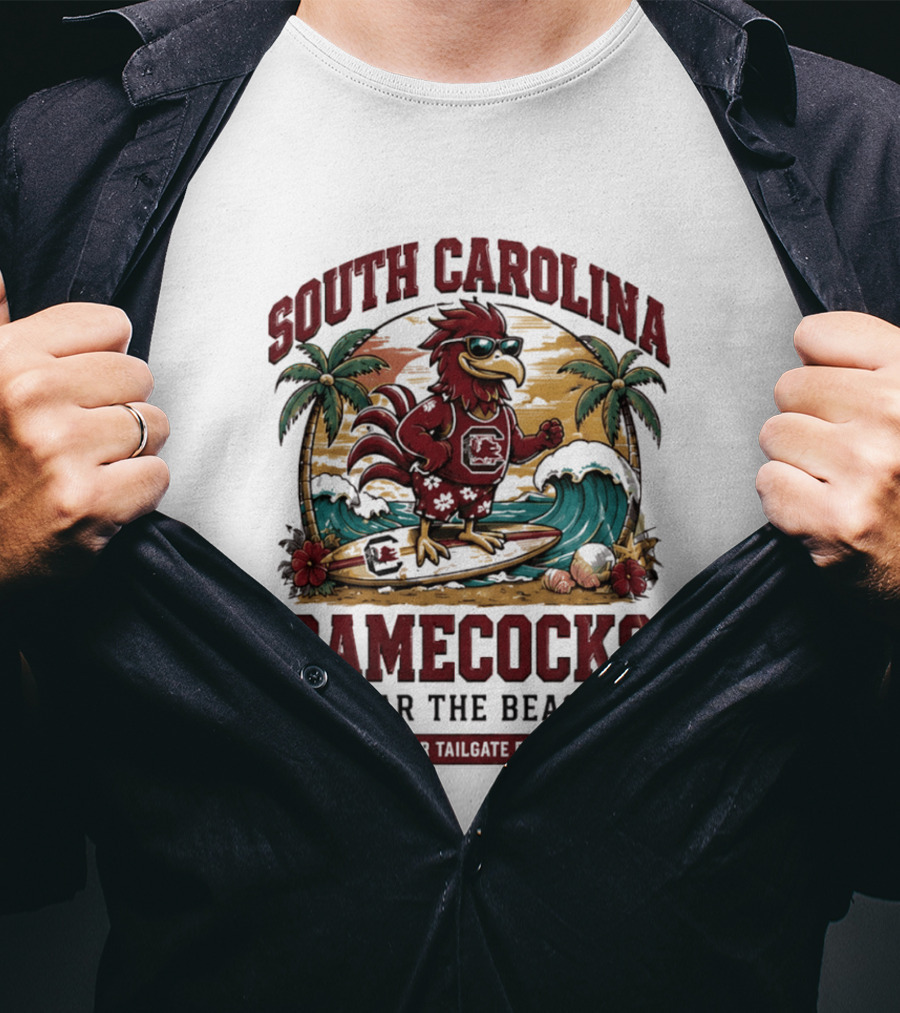 South Carolina Gamecocks Fear The Beach Summer Tailgate Edition Surfing Chicken Palm Trees Wave T-Shirt