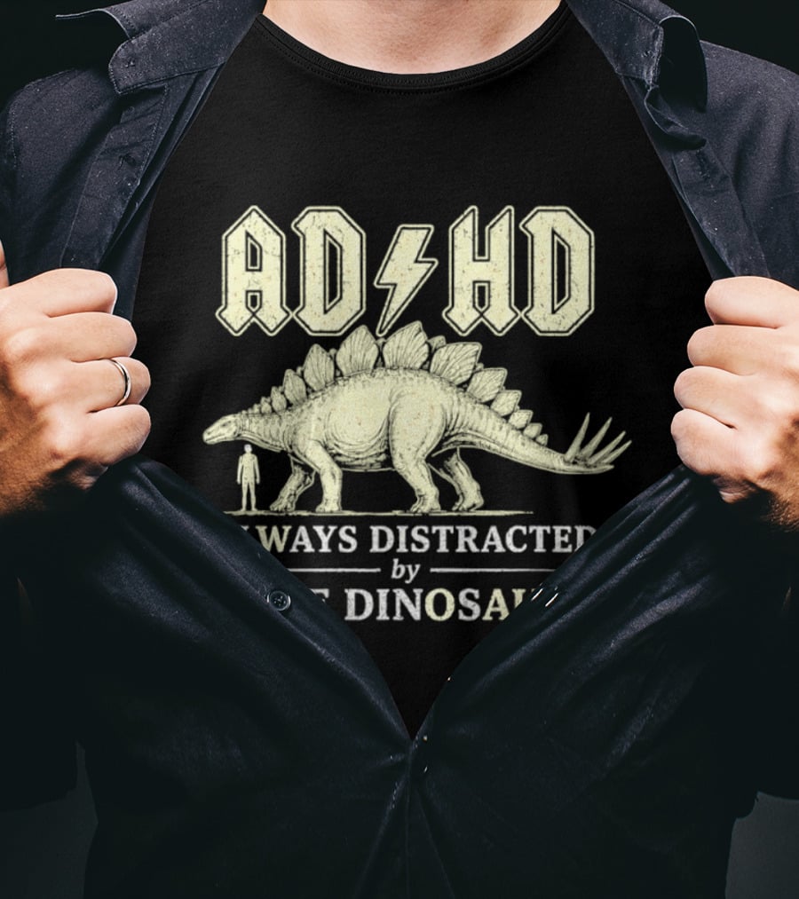 ADHD Always Distracted By Huge Dinosaurs Stegosaurus Lightning Bolt T-Shirt