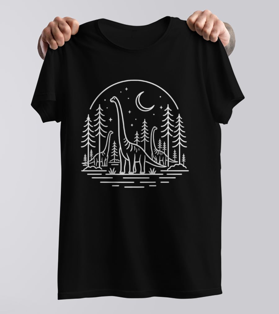 Brontosaurus Dinosaurs Forest Night Line Celestial Scene T-Shirt