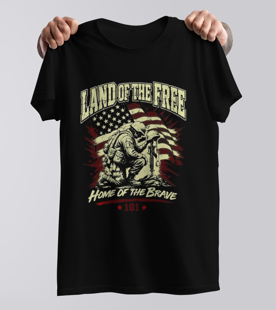Land Of The Free Home Of The Brave Soldier 101 Patriotic American Flag T-Shirt