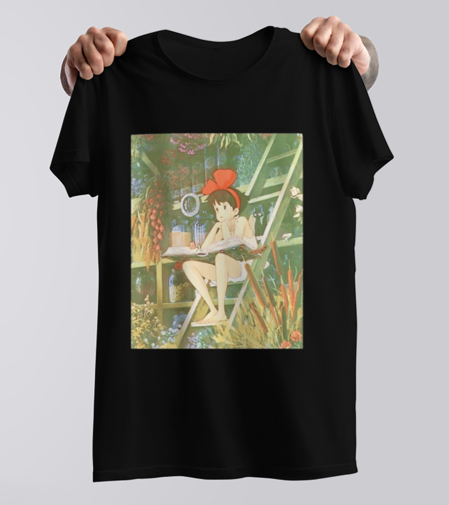 Kiki's Delivery Service Magic Book Cat And Botanical Greenhouse Scene T-Shirt