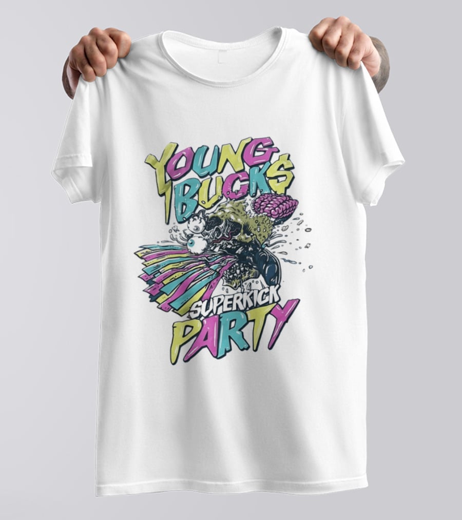 Young Bucks Superkick Party Skull Brain Eyeballs Colorful Explosion T-Shirt