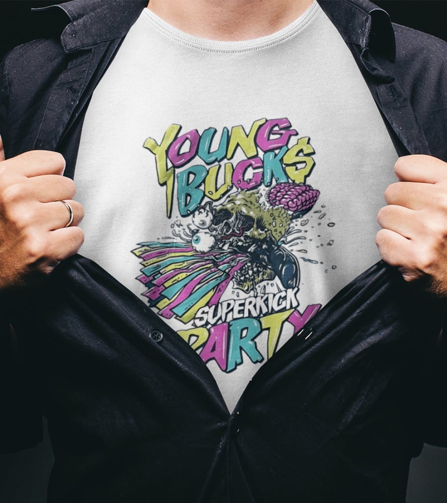 Young Bucks Superkick Party Skull Brain Eyeballs Colorful Explosion T-Shirt
