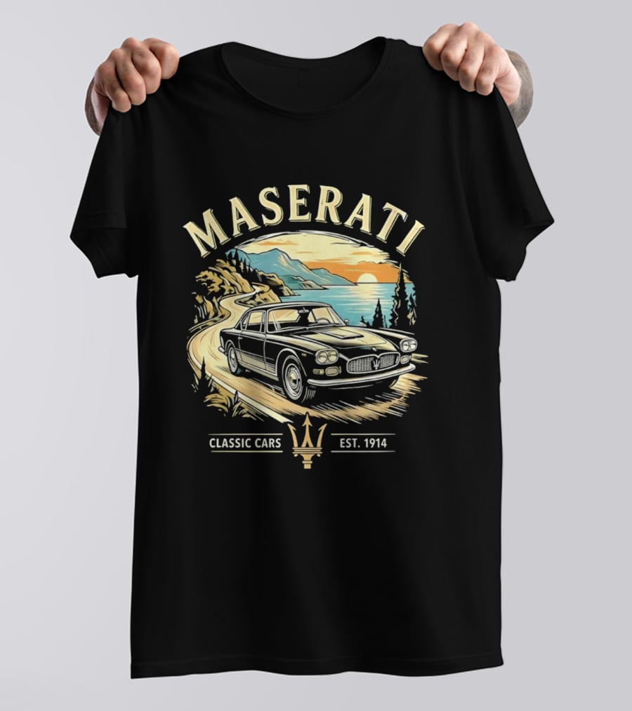 Maserati Classic Cars Est 1914 Vintage Sunset Road Scene T-Shirt