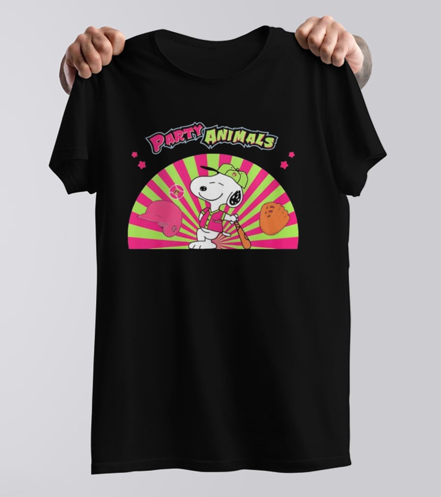 Snoopy Party Animals Baseball Glove Bat Cap Neon Stars T-Shirt